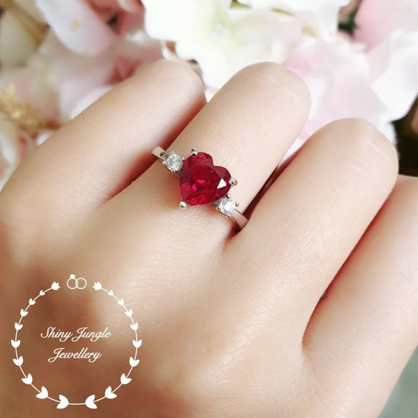 Bague de fiançailles en rubis véritable cultivé en laboratoire en forme de cœur, bague de promesse en pierre de naissance de juillet, bague en cœur rouge, bague en pierre précieuse taillée en cœur, bague en pierre rouge