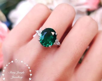 Statement 6 Carats Muzo Green Lab Simulated Emerald Ring, Oval 12×10mm Halo Emerald Cocktail Ring, Emerald Three Stone Engagement Ring
