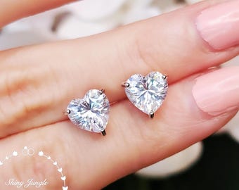 Diamond Heart Earrings, 2 Carats Heart Shaped Diamond Simulant Studs, Bridal Earrings, April Birthstone, Valentine's Gift