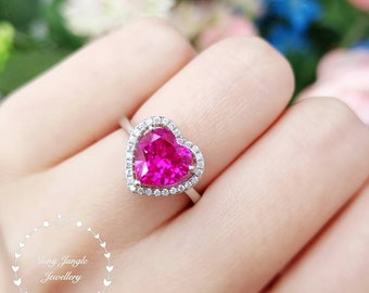 Halo Heart Shaped Genuine Lab Grown Pink Sapphire Ring, 2 carats 8mm Hot Pink Heart Cut Sapphire Engagement Ring, September Birthstone Ring,