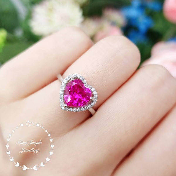 Halo Heart Shaped Genuine Lab Grown Pink Sapphire Ring, 2 carats 8mm Hot Pink Heart Cut Sapphire Engagement Ring, September Birthstone Ring,