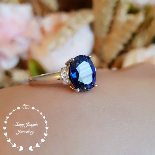 Genuine Lab Grown Royal Blue Sapphire Engagement ring, 3 Carats 8*10 Oval Sapphire Solitaire Ring with Accents, September shops Birthstone Gift