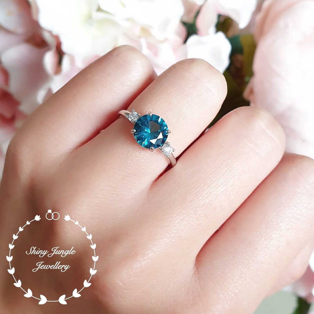 Round London Blue Topaz Engagement Ring, Three Stone Ring