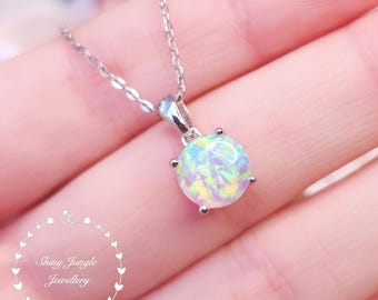 Simple White Opal Solitaire Necklace, 2 Carats Round Opalite Pendant, October Birthstone Gift