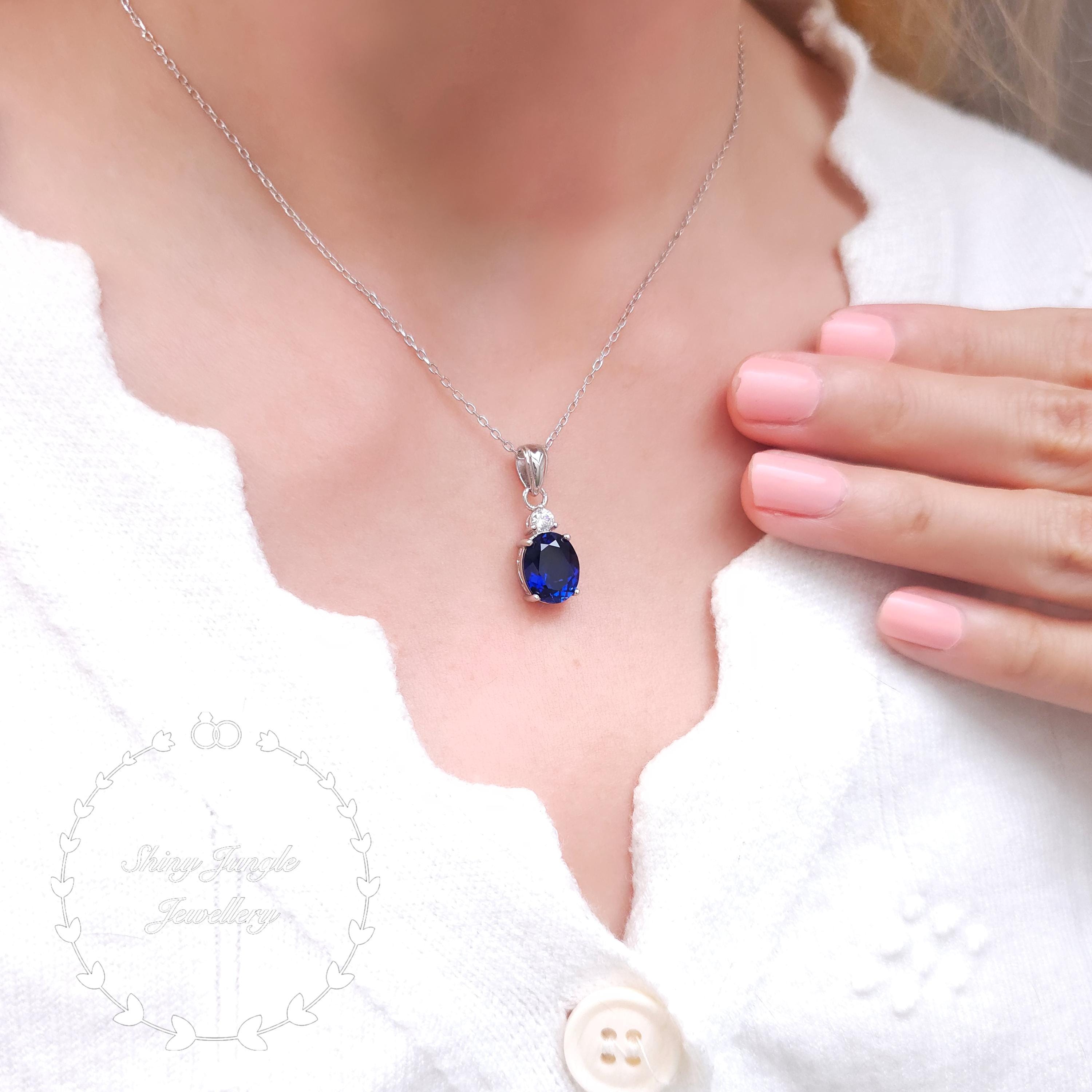 Genuine Lab Grown Royal Blue Sapphire Necklace, 3 Carats Oval