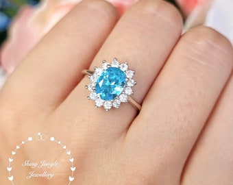 Halo Swiss Blue Topaz Ring, 2 Carats 6*8 mm Oval Cut Sky Blue Topaz Engagement ring, Light Blue Topaz Promise Ring, December Birthstone Gift