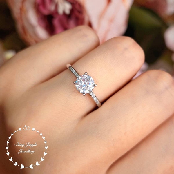 Diamond Engagement Ring, Classic Pavé Set Diamond Ring, Round Brilliant Cut 1 carat 6mm Diamond Simulant Promise Ring, April Birthstone Gift