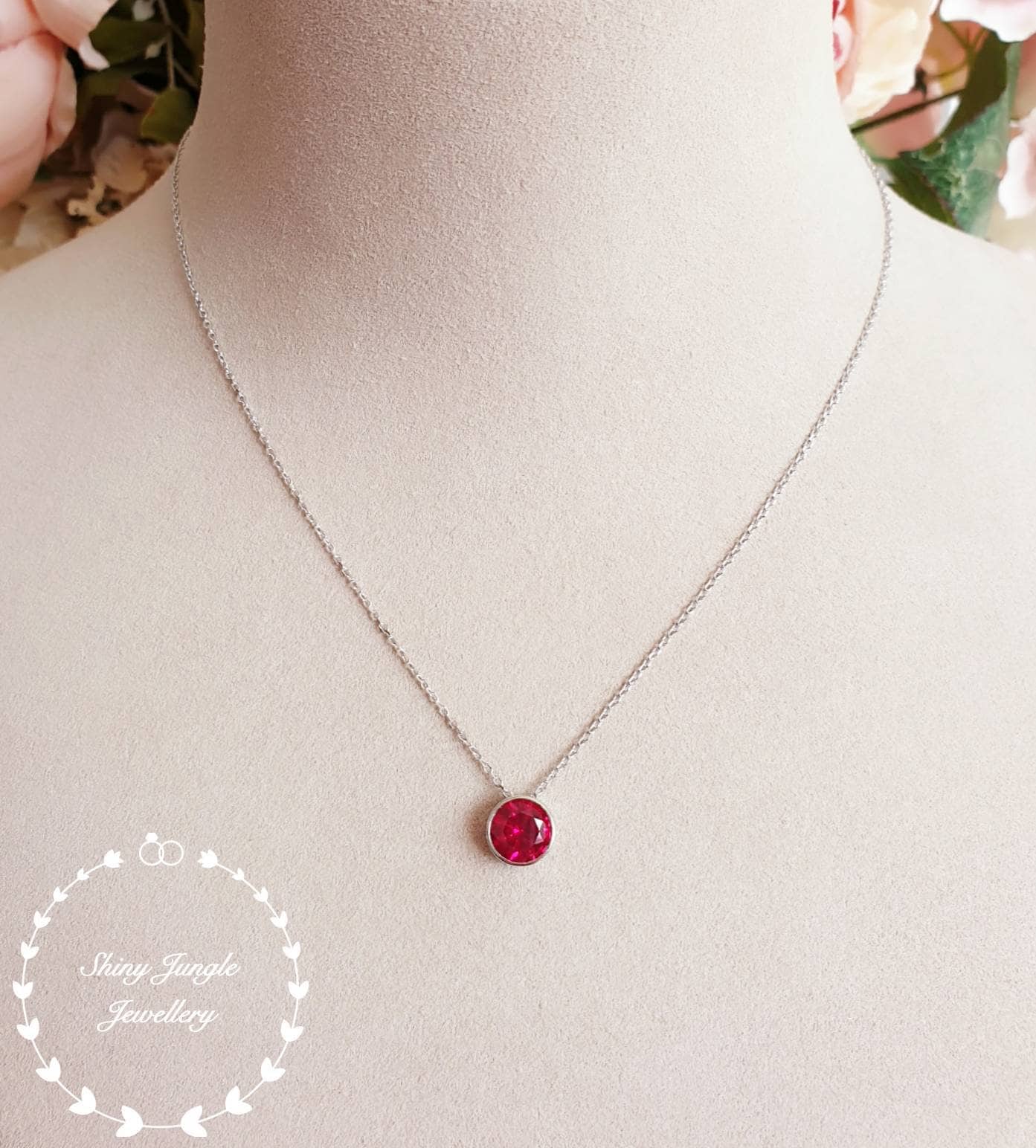 Round bezel set genuine lab grown ruby necklace, 2 carats ruby pendant ...
