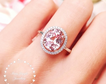 Rare Pastel Blush Pink Genuine Lab Grown Sapphire Engagement Ring, 3 Carats 8*10 Oval Light Padparadscha Sapphire, Modern Halo Design