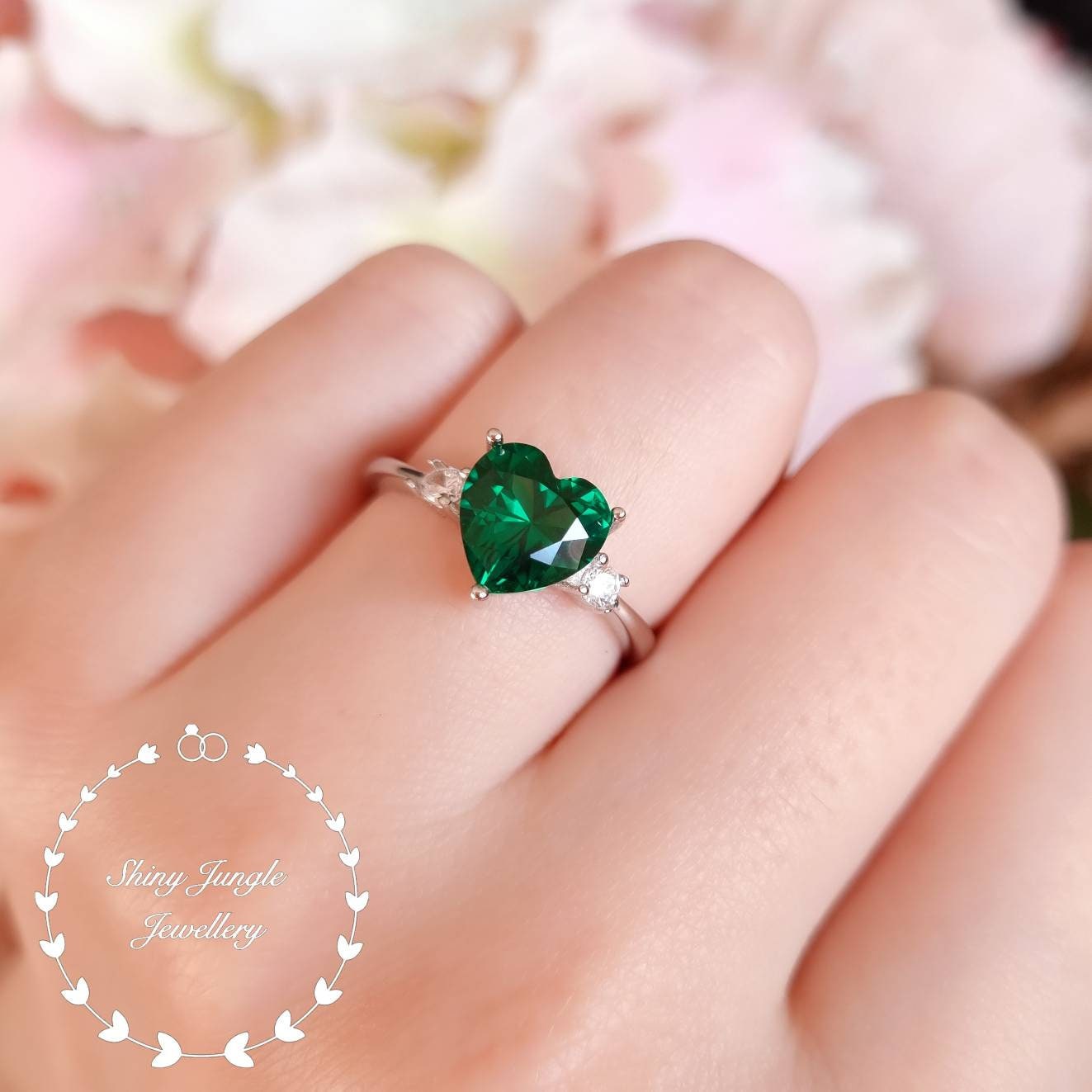 Heart Cut Emerald Ring 2 Carats 8 Mm Heart Shaped Three Stone