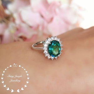 Halo 3 Carats Oval Cut Indicolite Tourmaline Engagement Ring, Teal Green Tourmaline Ring, Deep Turquoise Tourmaline Ring, October Birthstone image 6