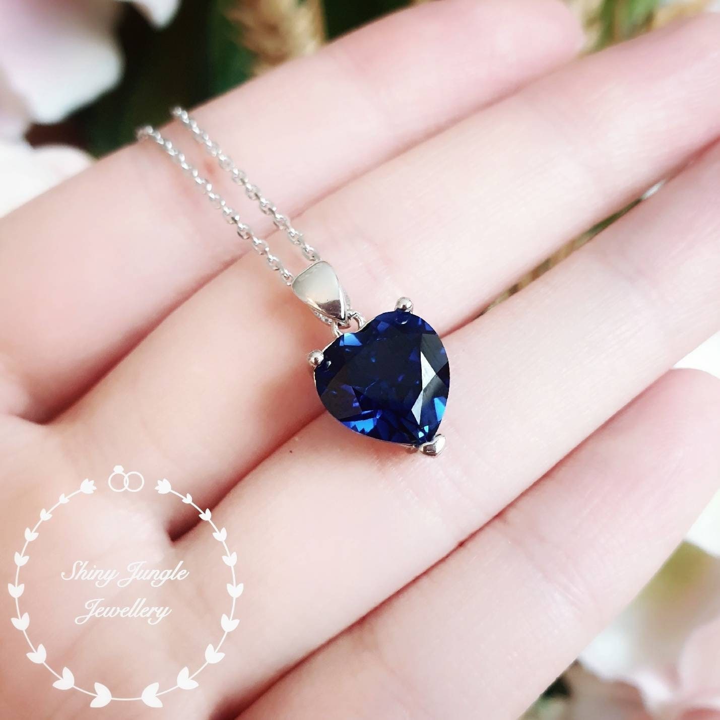 Genuine Lab Grown Heart Shaped Sapphire Necklace, Royal Blue
