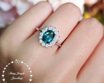 Halo 2 Carats 6*8 mm Oval Cut Indicolite Tourmaline Engagement Ring, Teal Green Tourmaline Ring, Deep Turquoise Ring, October Birthstone