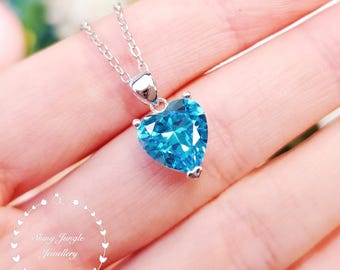 Heart Cut Swiss Blue Topaz Solitaire Necklace, 3 carats 10 mm Heart Shaped Sky Blue Topaz Pendant, December Birthstone, Valentine's Day Gift