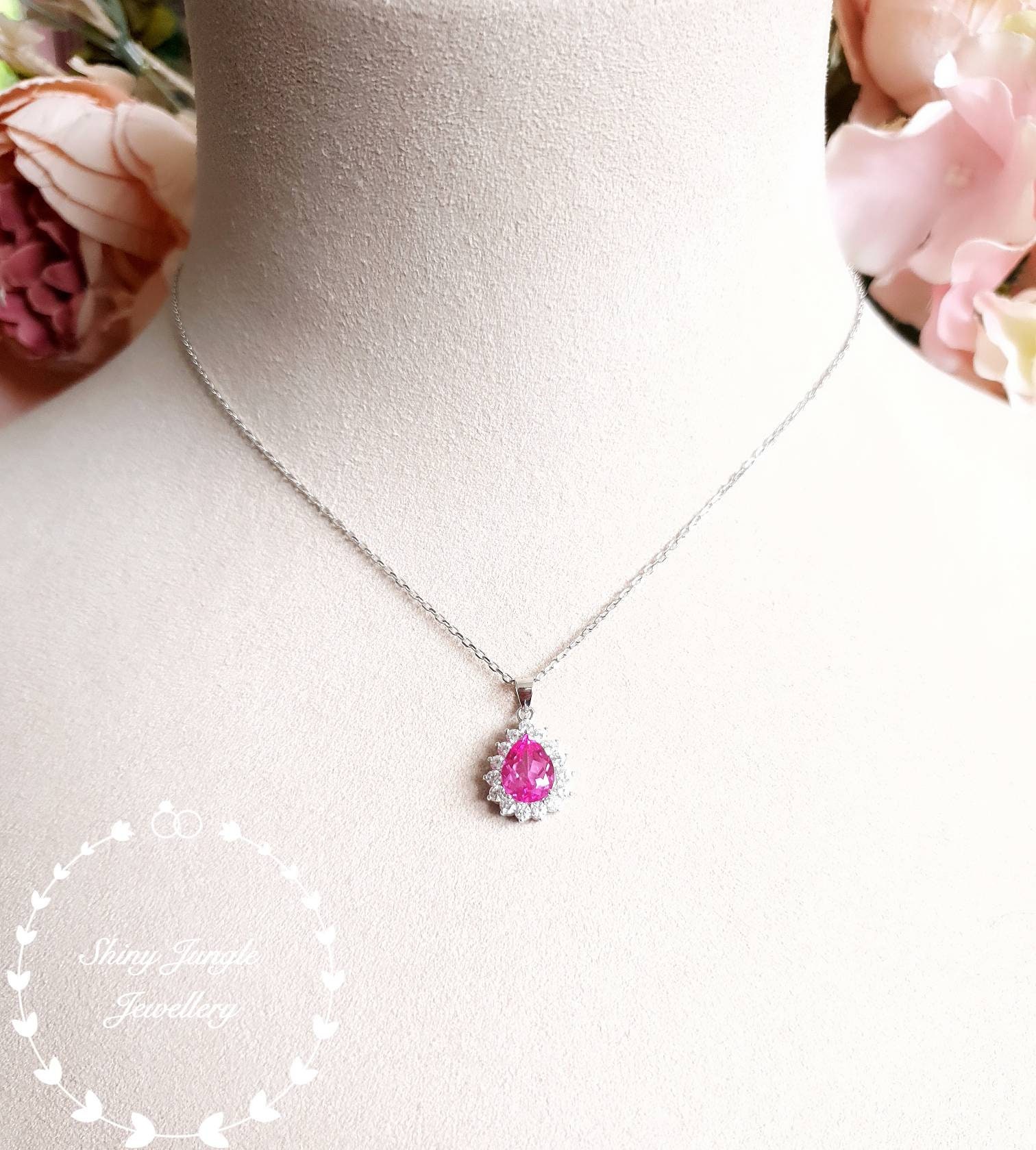 Halo Pear Shaped Genuine Lab Grown Pink Sapphire Necklace 