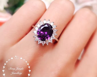 Halo Amethyst ring, 3 carats 8*10 mm Diana Halo Oval Cut Amethyst Engagement Ring, February Birthstone Promise Ring, Purple Gemstone Ring