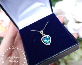 Heart Cut Swiss Blue Topaz Necklace, 2 carats 8*8 mm Heart Shaped Sky Blue Topaz Pendant, Halo Blue Topaz Pendant, December Birthstone Gift