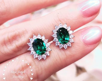Diana Halo Oval Emerald Earrings, Muzo Green Emerald Stud Earrings, Vintage Halo Emerald Studs, May Birthstone Gift