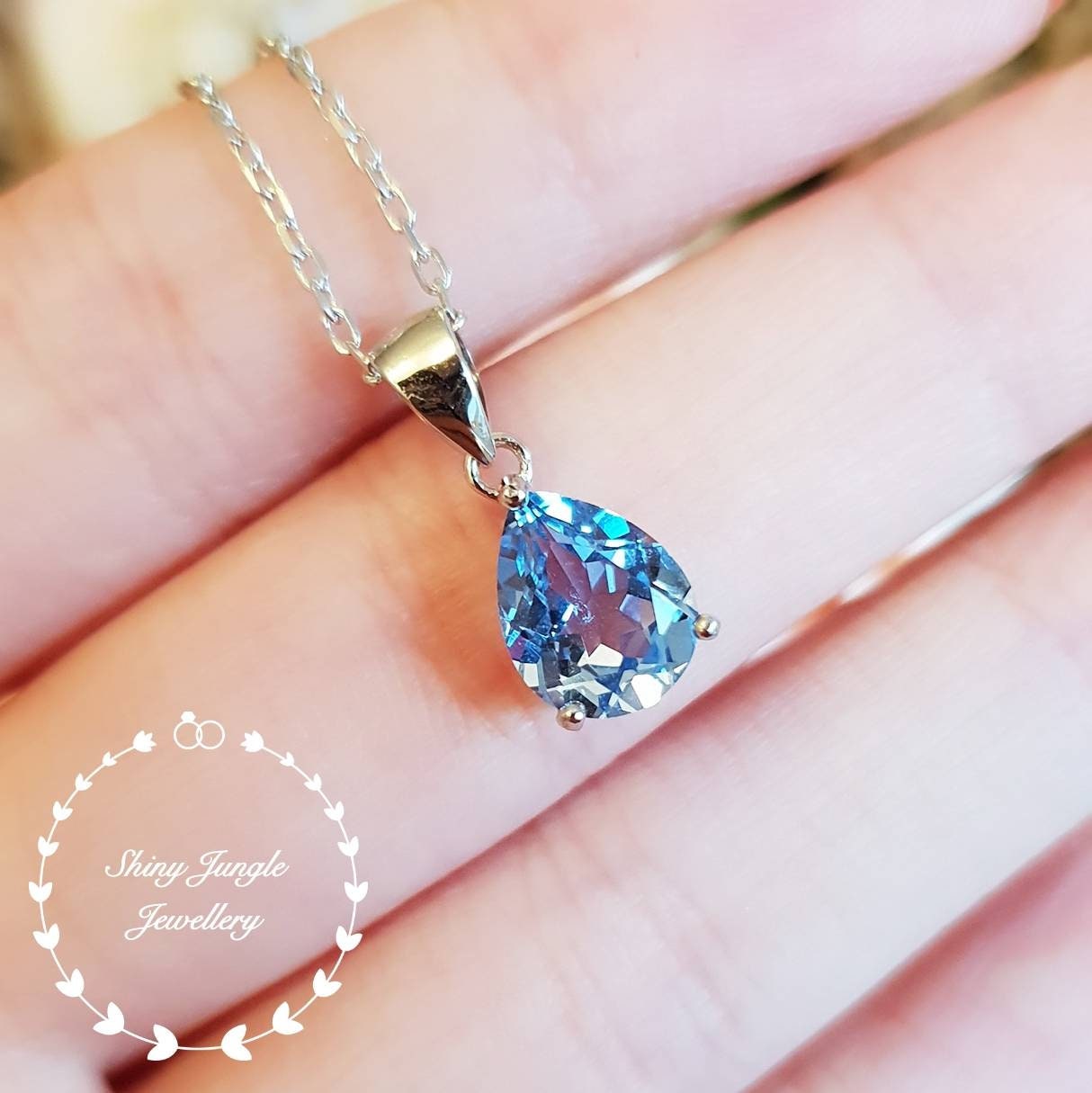 Swiss Blue topaz pendant, 2 carats 7×9mm pear shaped Blue topaz