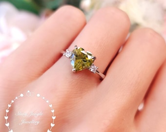 Heart Cut Peridot Engagement Ring, Three Stone Set 2 Carats Heart Shaped Peridot Ring, Green Trilogy Ring,  August Birthstone Promise Ring