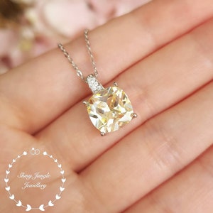 3 Carats Cushion Cut Fancy Yellow Diamond Necklace, 10*10mm Square Cushion Cut Pastel Yellow Diamond Simulant Pendant, Bridal Necklace