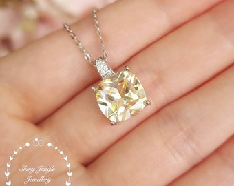 3 Carats Cushion Cut Fancy Yellow Diamond Necklace, 10*10mm Square Cushion Cut Pastel Yellow Diamond Simulant Pendant, Bridal Necklace