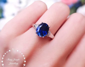 Genuine Lab Grown Royal Blue Sapphire Engagement ring, 3 Carats 8*10 Oval Sapphire Solitaire Ring with Accents, September Birthstone Gift