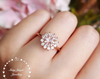 Flower Halo Pastel Pink Morganite Engagement Ring, Delicate Halo 1 Carat 6 mm Round Morganite Promise Ring, Blush Pink Morganite Ring