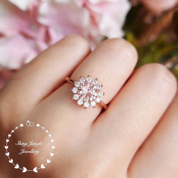 Flower Halo Pastel Pink Morganite Engagement Ring, Delicate Halo 1 Carat 6 mm Round Morganite Promise Ring, Blush Pink Morganite Ring