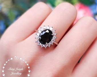 Halo Oval Black Spinel Engagement Ring, 8*10 mm Faceted Black Spinel Promise Ring, Gothic Opaque Black Gemstone Ring, Princess Diana Ring
