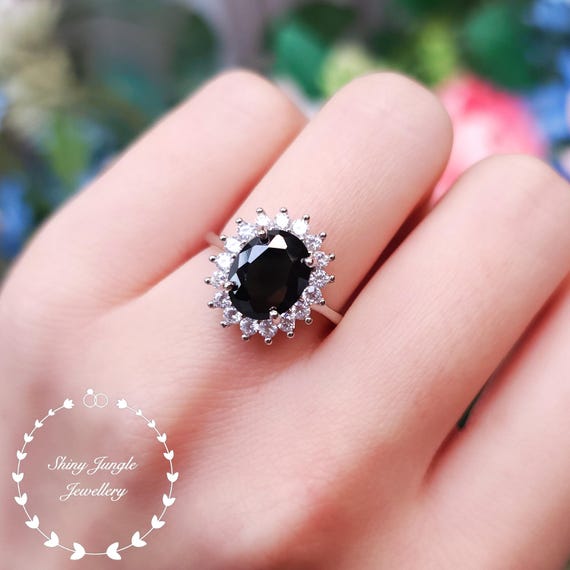 Halo Oval Black Spinel Engagement Ring, 8*10 Mm Faceted Black