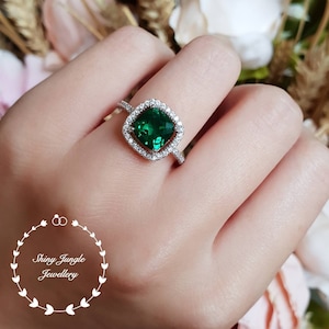 Cushion cut halo emerald ring, emerald engagement ring, cluster ring, white gold plated sterling silver, cushion ring, square ring