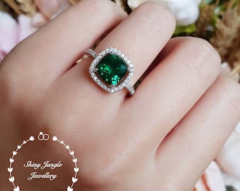 Cushion cut halo emerald ring, emerald engagement ring, cluster ring, white gold plated sterling silver, cushion ring, square ring