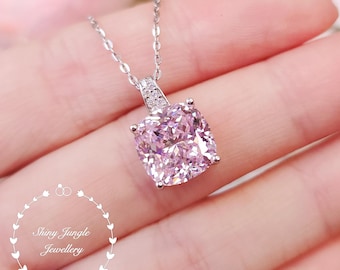 Crushed Ice Pink Diamond necklace, Fancy Cushion Cut 10*10 mm Pastel Pink Diamond Simulant Pendant, Wedding Necklace, April Birthstone Gift