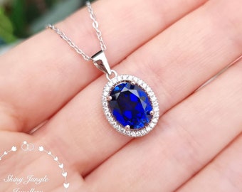 Modern Halo Royal Blue Sapphire Necklace, Genuine Lab Grown 3 carats 8*10 Oval Cut Sapphire Halo Pendant, September Birthstone Gift