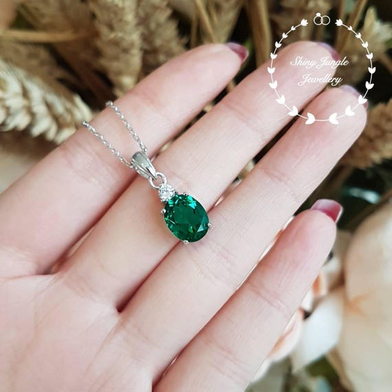2 Carat Emerald Cut Emerald Pendant Necklace 14K White Gold