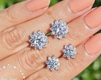 Diamond Stud Earrings, Flower Halo Diamond Simulant Studs, 14k White Gold and Rose Gold Plated Sterling Silver, Birthday Gift with Box