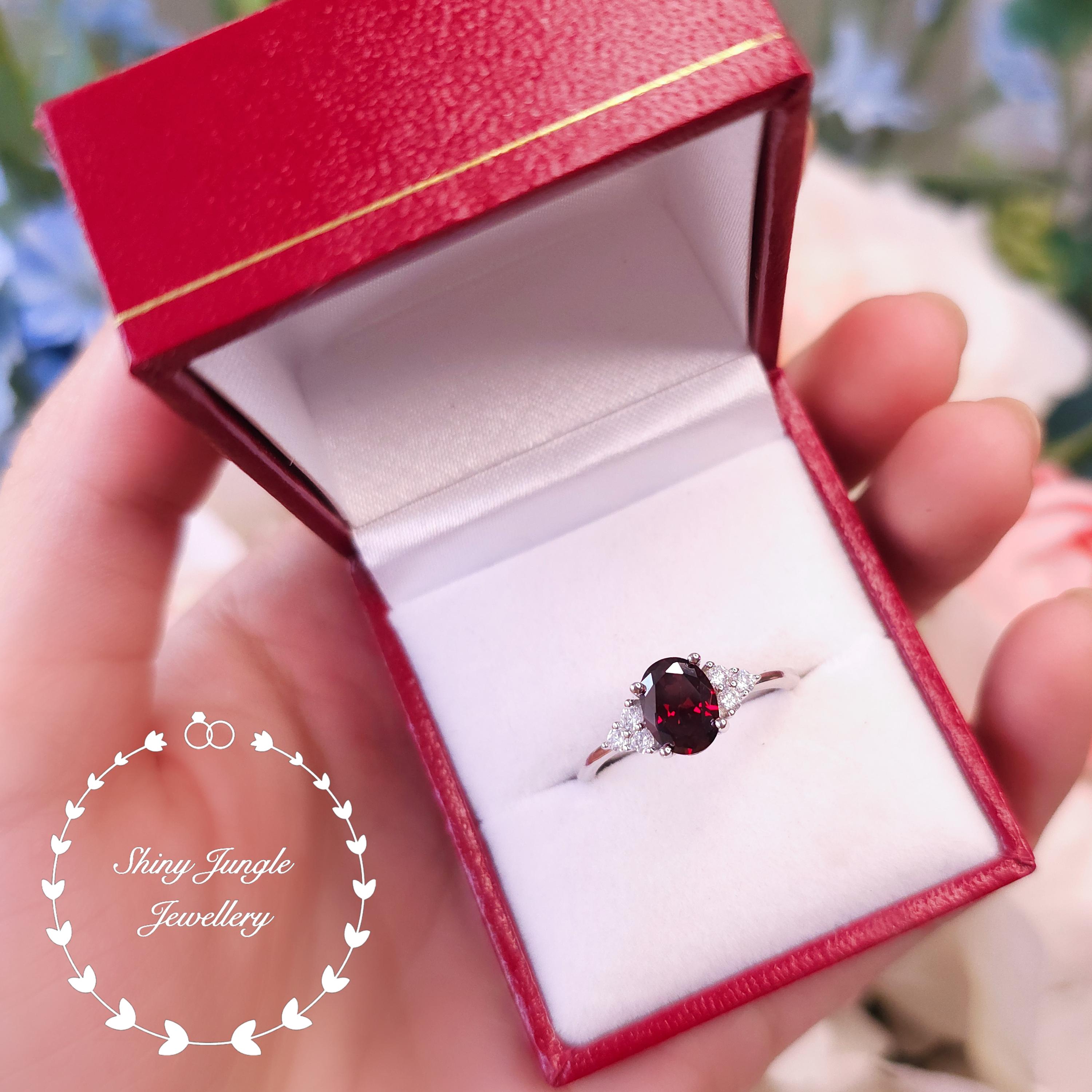 Oval Three Stone Garnet Engagement Ring, 2 Carats 6×8 Mm Deep Red