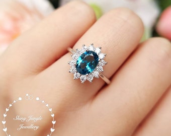 Halo 2 Carats 6*8 mm Oval Cut London Blue Topaz ring, Diana Halo Topaz Engagement Ring, Peacock Blue Topaz Ring, December Birthstone Gift