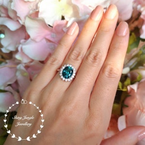 Halo 3 Carats Oval Cut Indicolite Tourmaline Engagement Ring, Teal Green Tourmaline Ring, Deep Turquoise Tourmaline Ring, October Birthstone image 3