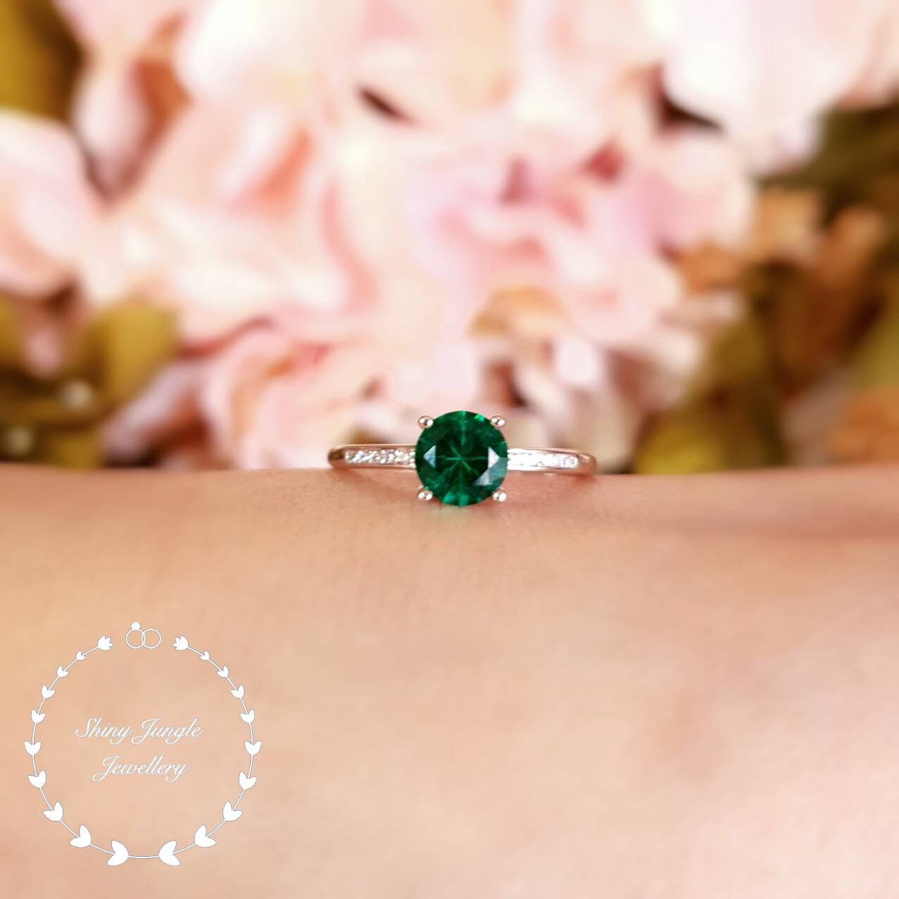 Delicate emerald ring 1 carat 6 mm round emerald engagement ring