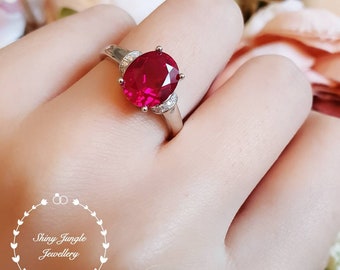 3 carats oval cut genuine lab grown ruby engagement ring with ribbon design, July Birthstone promise ring, white/rose gold plated silver