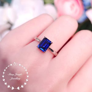 Emerald Cut Sapphire Engagement Ring, 2 Carats 6*8mm Rectangular Genuine Lab Grown Sapphire Solitaire, September Birthstone Promise Ring