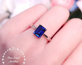 Emerald Cut Sapphire Engagement Ring, 2 Carats 6*8mm Rectangular Genuine Lab Grown Sapphire Solitaire, September Birthstone Promise Ring