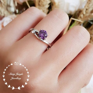 Dainty Amethyst ring, round faceted amethyst solitaire ring, white gold plated silver, purple stone ring, February birthstone, purple quartz
