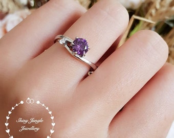 Dainty Amethyst ring, round faceted amethyst solitaire ring, white gold plated silver, purple stone ring, February birthstone, purple quartz