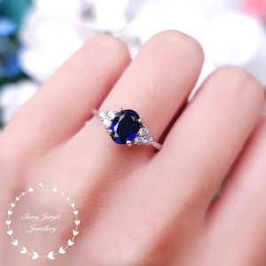 Oval Sapphire Ring, Genuine Lab Grown 2 Carats 6*8 mm Royal Blue Sapphire Three Stone Engagement Ring, September Birthstone Promise Ring
