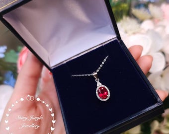 Three Stone Halo Genuine Lab Grown Ruby Necklace, July Birthstone Pendant, Sterling Silver, Bridal Necklace