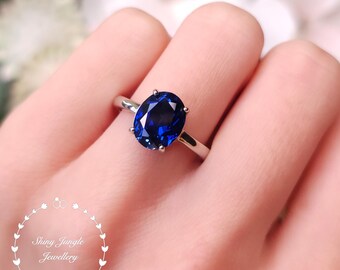 Oval Royal Blue Sapphire Engagement Ring, 3 Carats 8*10 mm Genuine Lab Grown Sapphire, Sterling Silver Promise Ring, September Birthstone