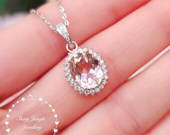 3 Carats Morganite Halo Pendant, Oval Cut, Sterling Silver Necklace